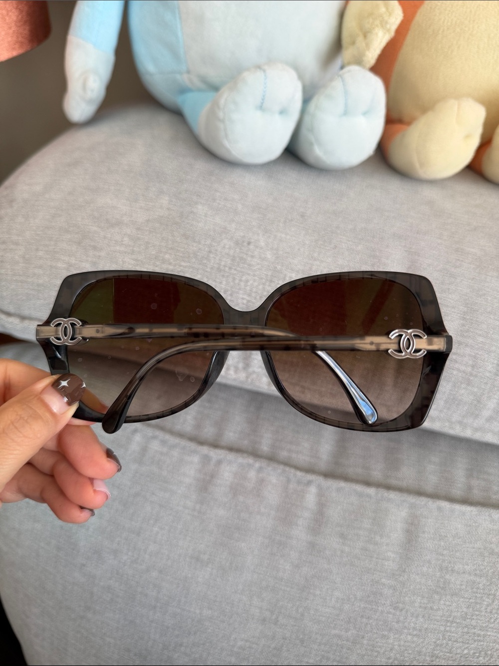 CHANEL Grey Tortoiseshell Square Sunglasses with Silver CC Logos